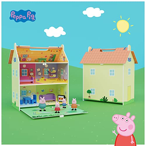 Casita de madera portátil con decoración ambientada en la casa de Peppa Pig - Con 2 pisos con buhardilla y jardín - Incluye 7 accesorios y 4 personajes-Tamaño 39X34, 5X18 (Deqube 913D00073)