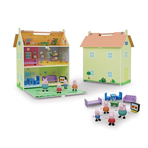 Casita de madera portátil con decoración ambientada en la casa de Peppa Pig - Con 2 pisos con buhardilla y jardín - Incluye 7 accesorios y 4 personajes-Tamaño 39X34, 5X18 (Deqube 913D00073)