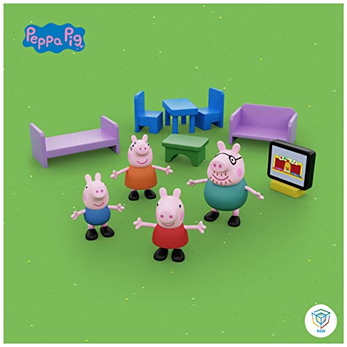 Casita de madera portátil con decoración ambientada en la casa de Peppa Pig - Con 2 pisos con buhardilla y jardín - Incluye 7 accesorios y 4 personajes-Tamaño 39X34, 5X18 (Deqube 913D00073)