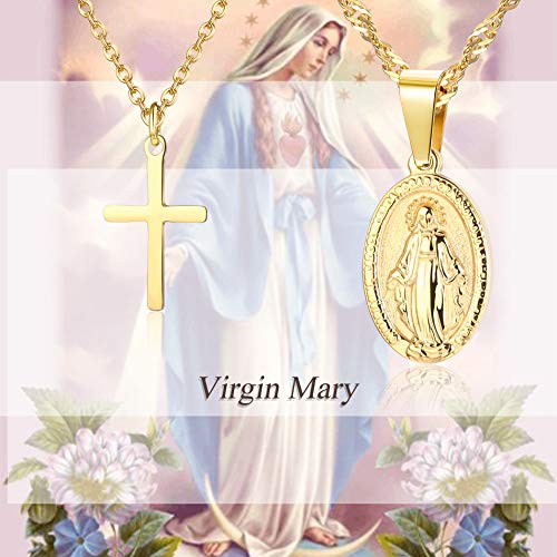 CASSIECA 2 Piezas 14K Chapado en Oro Acero Inoxidable Collar para Hommer Mujer Cruz Colgante Collar Virgen Maria San Cristóbal Collar Joyería Católica Cristiana