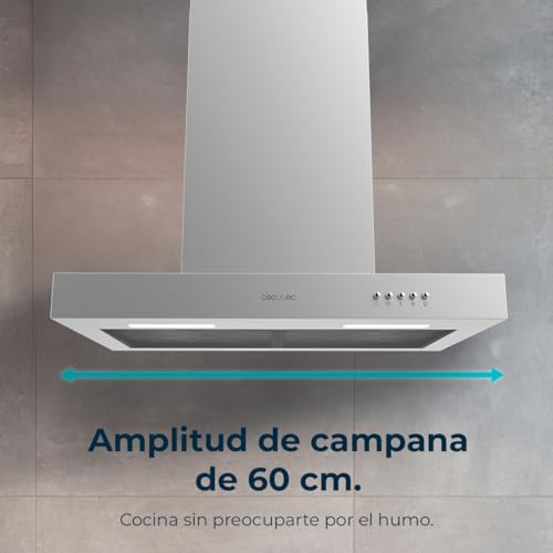 Cecotec Campana Extractora 60 cm Bolero Flux TM 606500 Inox A. Motor 165W, Decorativa con Acabado Inox, Succión 650m3/h, Control Mecánico, 3 Niveles de Potencia, Luz y Filtro de Carbono