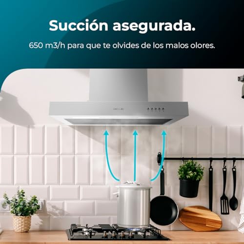 Cecotec Campana Extractora 60 cm Bolero Flux TM 606500 Inox A. Motor 165W, Decorativa con Acabado Inox, Succión 650m3/h, Control Mecánico, 3 Niveles de Potencia, Luz y Filtro de Carbono