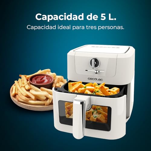 Cecotec Freidora de Aire sin Aceite de 5 L con Ventana Air Fryer Cecofry Antique 5000 Window. 1500 W, Digital, Área de Cocinado de 5 L y Tecnología PerfectCook, Diseño Retro en Blanco