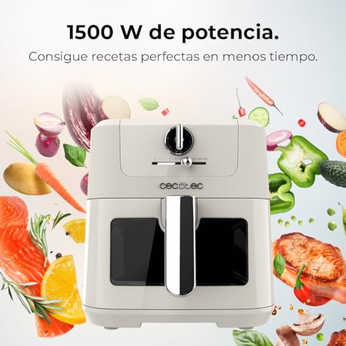 Cecotec Freidora de Aire sin Aceite de 5 L con Ventana Air Fryer Cecofry Antique 5000 Window. 1500 W, Digital, Área de Cocinado de 5 L y Tecnología PerfectCook, Diseño Retro en Blanco