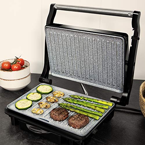 Cecotec Parrilla Eléctrica Rock'Ngrill 1500 Rapid, 1500 W, Revestimiento de Piedra Rockstone, Placa Superior Adaptable en Altura, Bandeja Recogegrasas, Revestimiento Ecológico, 12.4X30.8X33.2 Cm