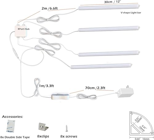 Cefrank Luces de armario, 4 barras de luz LED en forma de V de 30 cm debajo de las luces de armario de cocina - 1200 lm 12 W (Blanco frío 6000K)