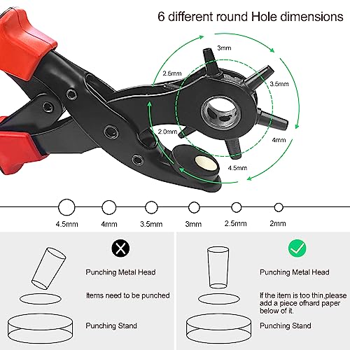 Ceisazira 2-4.5 mm alicate sacabocados con 6 redondo orificios, Pinza de troquelado giratorios, agujeros cinturon, para perforar tarjetas, correas de reloj, cartón, zapatos de cuero
