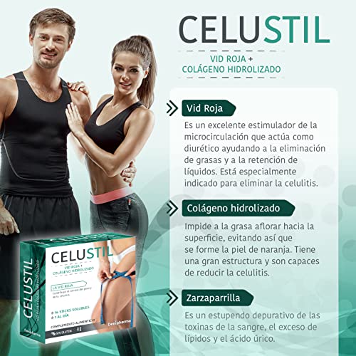 Celustil anticelulitico - 16 sticks - Indicado para piernas y caderas - Contiene Vid Roja, Colágeno Hidrolizado y Zarzaparrilla - Caja 16 sobres - 1 al dia