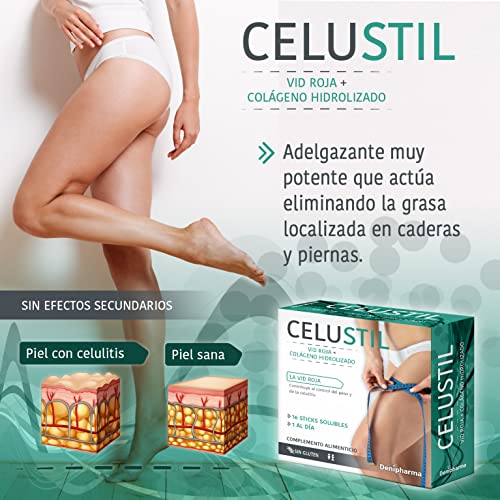 Celustil anticelulitico - 16 sticks - Indicado para piernas y caderas - Contiene Vid Roja, Colágeno Hidrolizado y Zarzaparrilla - Caja 16 sobres - 1 al dia