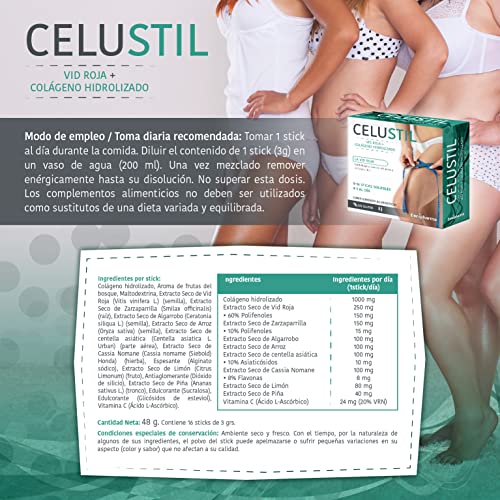 Celustil anticelulitico - 16 sticks - Indicado para piernas y caderas - Contiene Vid Roja, Colágeno Hidrolizado y Zarzaparrilla - Caja 16 sobres - 1 al dia