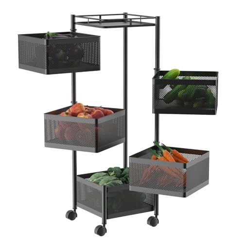 Cesta de almacenamiento ahorra espacio, carrito auxiliar con ruedas, giratorio, para cocina, baño, estante completo, para frutas, verduras, utensilios, 5 niveles con cajón-tapa superior, metalico