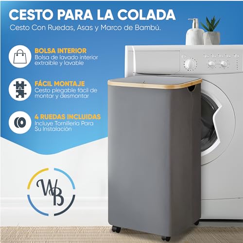 Cesto Ropa Sucia con RUEDAS y Tapa Ultra Resistente XL 100L - Cesta de Ropa Sucia con Ruedas - Cubo Ropa Sucia con Ruedas - Impermeable - Plegable con Asas - Cesto Bambú Ruedas - Laundry Basket - Gris