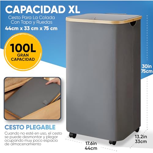 Cesto Ropa Sucia con RUEDAS y Tapa Ultra Resistente XL 100L - Cesta de Ropa Sucia con Ruedas - Cubo Ropa Sucia con Ruedas - Impermeable - Plegable con Asas - Cesto Bambú Ruedas - Laundry Basket - Gris