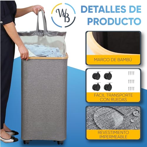 Cesto Ropa Sucia con RUEDAS y Tapa Ultra Resistente XL 100L - Cesta de Ropa Sucia con Ruedas - Cubo Ropa Sucia con Ruedas - Impermeable - Plegable con Asas - Cesto Bambú Ruedas - Laundry Basket - Gris