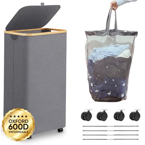 Cesto Ropa Sucia con RUEDAS y Tapa Ultra Resistente XL 100L - Cesta de Ropa Sucia con Ruedas - Cubo Ropa Sucia con Ruedas - Impermeable - Plegable con Asas - Cesto Bambú Ruedas - Laundry Basket - Gris