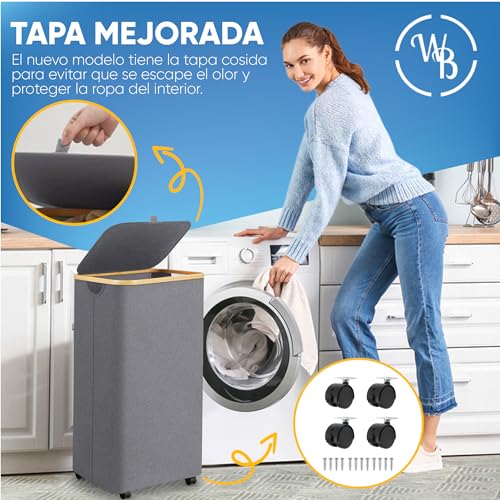 Cesto Ropa Sucia con RUEDAS y Tapa Ultra Resistente XL 100L - Cesta de Ropa Sucia con Ruedas - Cubo Ropa Sucia con Ruedas - Impermeable - Plegable con Asas - Cesto Bambú Ruedas - Laundry Basket - Gris