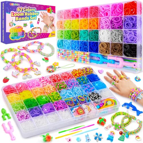 CGBOOM 5000+Kit de Gomas para Hacer Pulseras, 62 Colores Kit de Pulseras Gomas Elasticas, Manualidades Niños, Regalos para Niñas 5-12 Años Kit Para Hacer Joyas