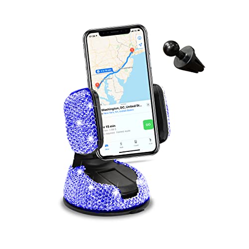 CGEAMDY Soporte para Teléfono De Coche Bling con Diamantes, Soporte Automático Bling Ajustable De 360°, Ventosa del Soporte Celular del Coche para Parabrisas Salpicadero Y Salida De Aire(Azul)