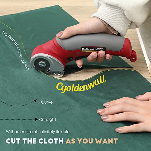 CGOLDENWALL Cortador de Tela Eléctrico Giratorio, 6mm Grosor Máx. de Corte, 4,2V Batería de Litio para Uso Inalámbrico & Bloqueo de Seguridad, para Textil Cuero Papel Y Más, con Cuchilla Repuesto