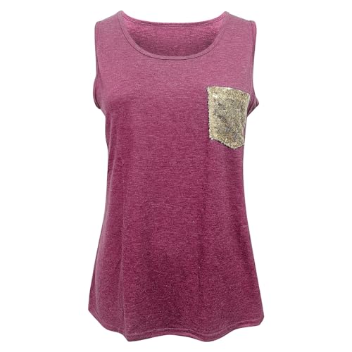 Chaleco con Bolsillo con Lentejuelas Camiseta Deportiva Mujer Chaleco sin Mangas Top de Color sólido con Cuello Redondo para Mujer Blusas Mexicanas Bordadas (Red, L)