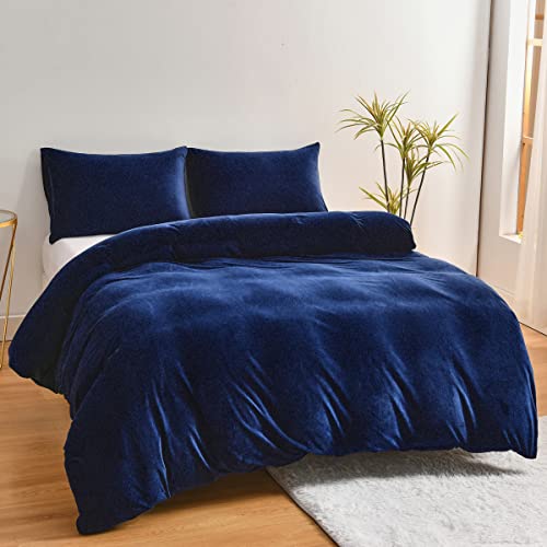 Chanyuan,Ropa de cama de felpa cálida de 155x220 cm, color azul oscuro y mullida con tacto de cachemira, forro polar coral, juego de ropa de cama de invierno con funda de almohada de 80x80 cm