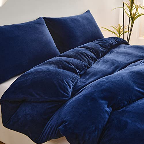 Chanyuan,Ropa de cama de felpa cálida de 155x220 cm, color azul oscuro y mullida con tacto de cachemira, forro polar coral, juego de ropa de cama de invierno con funda de almohada de 80x80 cm