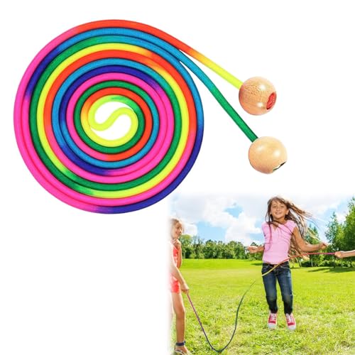 ChAusa Cuerda Saltar Multijugadores, 5m Comba de Saltar Larga, Grupos Saltar Cuerda, Mango de Bola de Madera Ajustable, Cuerda Arcoiris de 7 Colores, para Niños y Adultos Actividades al Aire Libre