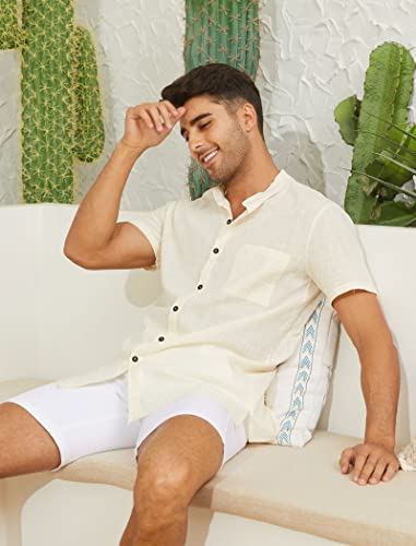 CheChury Camisa de Lino Manga Corta para Hombre Camisas Informales de Verano Camisa Suelta de Ocio de Color Sólido con Botónes Top con Bolsillo Top Camisa de Verano Camisa Hawaiana Estilo Casual