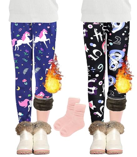 CheChury Leggins Niña Termicos Invierno Mallas Pantalones Leggins Niña Forro Polar Largos Ropa Deportiva Leggins Niña Estampados Unicornios Pantalónes de Pijamas Cintura Elástica 3-8 Años