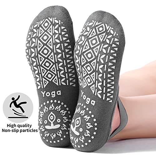 CHENEVER Calcetines de Yoga para Mujer, Calcetines de Yoga Antideslizantes con Empuñaduras y Correas, Ideales para Pilates, Barra, Ballet, Baile (Negro y Gris, con Bolsa)