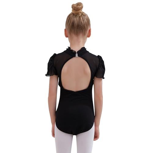 Chicas leotardo de danza Algodón Gimnasia Leotardo de baile Manga con volantes Vestido de baile Patinaje Niños Ropa de baile Disfraz de bailarina, Negro , 130 cm