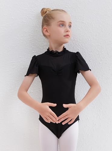 Chicas leotardo de danza Algodón Gimnasia Leotardo de baile Manga con volantes Vestido de baile Patinaje Niños Ropa de baile Disfraz de bailarina, Negro , 130 cm