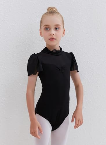 Chicas leotardo de danza Algodón Gimnasia Leotardo de baile Manga con volantes Vestido de baile Patinaje Niños Ropa de baile Disfraz de bailarina, Negro , 130 cm