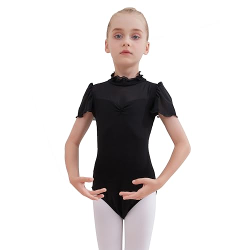 Chicas leotardo de danza Algodón Gimnasia Leotardo de baile Manga con volantes Vestido de baile Patinaje Niños Ropa de baile Disfraz de bailarina, Negro , 130 cm