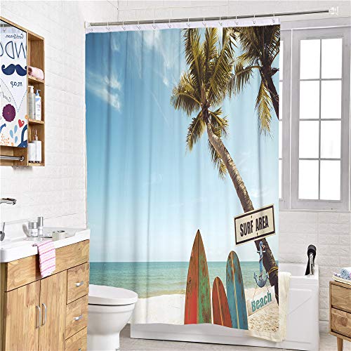 Chickwin Cortina de Baño Antimoho Antibacteriano Cortina de Ducha Impermeable 3D Impresión Surfear Poliéster Cortina de Bañera con 12 Anillos Lavable a Máquina (Zona de Surf,150x180cm)