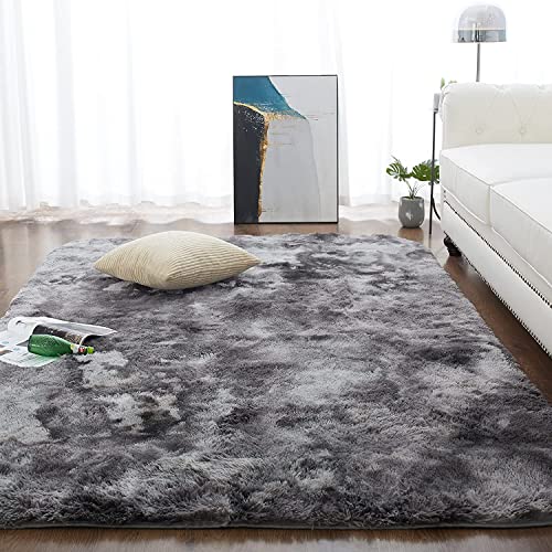 CHOSHOME Alfombras para Sala de Estar Alfombra Grande Suave y Esponjosa Alfombras Peludas Que no se Desprenden Alfombra Motley Tie-Dye Alfombras Modernas para Interiores, Gris Oscuro, 90x150CM