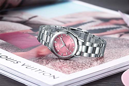 CHRONOS Reloj analógico de cuarzo para mujer, resistente al agua, de acero inoxidable, rosa, Pulsera