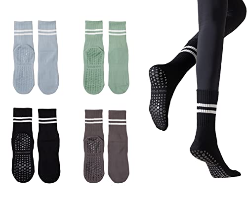 CHUNG Calcetines de algodón para yoga, pilates, trampolín, fitness, para mujeres, adolescentes, jóvenes, para entrenamiento en interiores, Negro/Gris/Aqua/Azul Bebé, 4-7