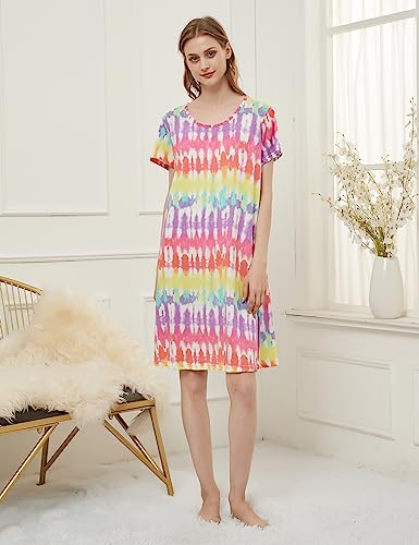 CHUNG Camisón de manga corta por encima de la rodilla de algodón suave para mujer, suelto, lindo estampado floral, ropa de dormir de verano, Arco Iris, 28-30