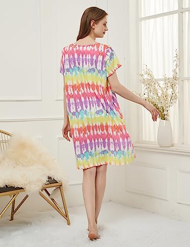 CHUNG Camisón de manga corta por encima de la rodilla de algodón suave para mujer, suelto, lindo estampado floral, ropa de dormir de verano, Arco Iris, 28-30