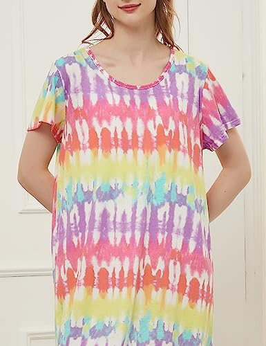 CHUNG Camisón de manga corta por encima de la rodilla de algodón suave para mujer, suelto, lindo estampado floral, ropa de dormir de verano, Arco Iris, 28-30