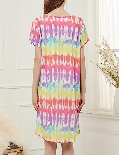 CHUNG Camisón de manga corta por encima de la rodilla de algodón suave para mujer, suelto, lindo estampado floral, ropa de dormir de verano, Arco Iris, 28-30