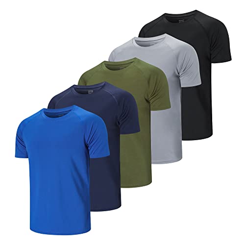 CIMIC 5 Piezas Camiseta Deporte Hombre Camiseta Running Hombre Camisetas Manga Corta Hombre Ropa Deportiva Transpirable Basica para Gym Gimnasio (510-Black Grey Green Navy Blue-L)