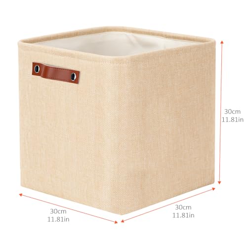 Cinnani Juego de 3 Cajas Almacenaje Plegable, 30x30x30 cm, Cubos de almacenamiento de tela con asas, de Tela No Tejida para Ropa, Juguetes, Libros, Armario y Estanterías (Beige/Amarillo)