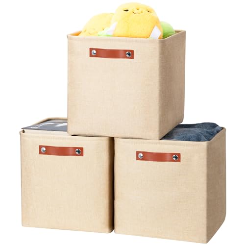 Cinnani Juego de 3 Cajas Almacenaje Plegable, 30x30x30 cm, Cubos de almacenamiento de tela con asas, de Tela No Tejida para Ropa, Juguetes, Libros, Armario y Estanterías (Beige/Amarillo)