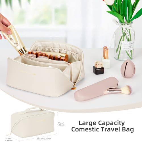 Cinnani Neceser Mujer,Gran Capacidad Neceser Viaje PU Impermeable, Neceser Maquillaje con Compartimento,Silicona Porta Brochas de Maquillaje +Porta Esponjas de Maquillaje Makeup Bag（Blanco）