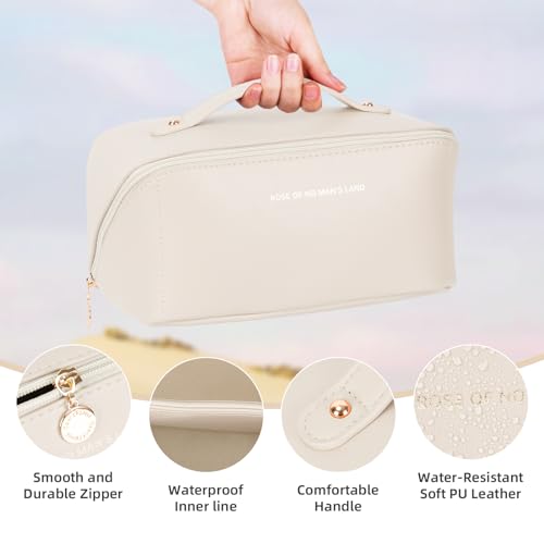 Cinnani Neceser Mujer,Gran Capacidad Neceser Viaje PU Impermeable, Neceser Maquillaje con Compartimento,Silicona Porta Brochas de Maquillaje +Porta Esponjas de Maquillaje Makeup Bag（Blanco）