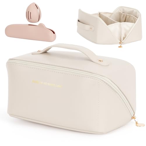 Cinnani Neceser Mujer,Gran Capacidad Neceser Viaje PU Impermeable, Neceser Maquillaje con Compartimento,Silicona Porta Brochas de Maquillaje +Porta Esponjas de Maquillaje Makeup Bag（Blanco）