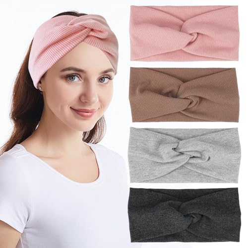 Cinta Pelo Mujer de Algodón Elástico Para Otoño Invierno- 4 Piezas Cinta para el Pelo Mujer para Mujeres y NiñAs,Accesorios Pelo de Punto Elástico Fleece,Cómoda Cintas de Pelo Nudo Anchas Caliente