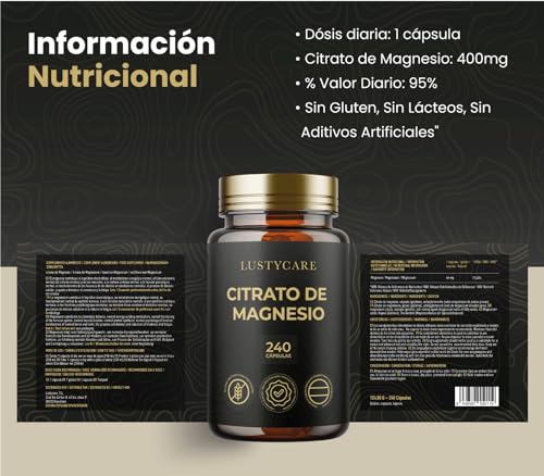 Citrato de Magnesio Puro 400mg | 240 Cápsulas (Suministro para 8 meses) - Suplemento Natural de Alta Concentración y Absorción para Salud Muscular, Ósea y Mental | Fabricado en España